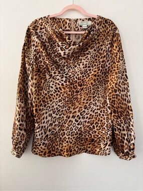 Vintage Shomi by Miller Shor Woman 100% Silk Leopard 14 Long Sleeve Cowl Neck